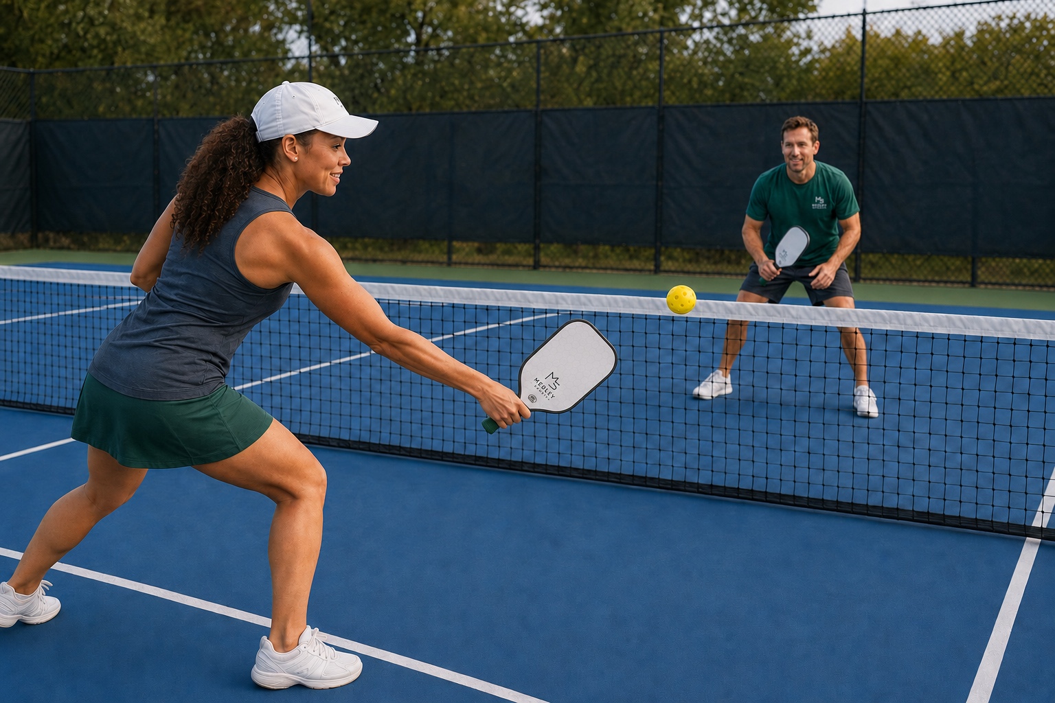 Pickleball players using Medley Sports paddles during a rally